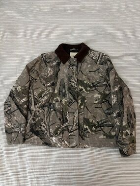 Camo Button-Up Jacket with Brown Corduroy Collar
